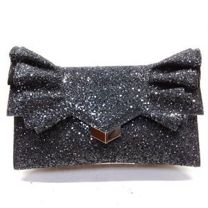 Auth Jimmy Choo Black Glitter Isabella Bow Clutch Evening Bag